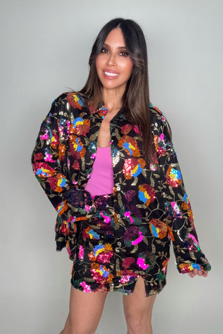 Black Multi Flower Sequin Oversize Shirt - Born To Glam