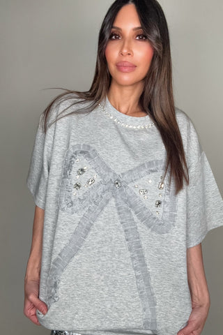 Bow Ruffle Embellished T Shirt - Born To Glam