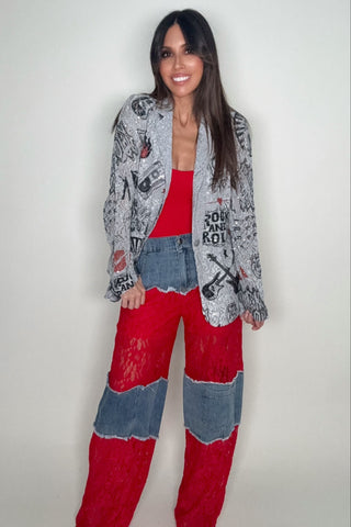 Grey Rock and Roll Embellished Lace Blazer Jacket - Born To Glam