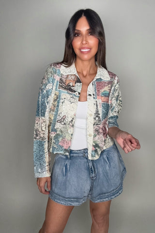 Paris Print Cropped Sequin Jacket - Born To Glam