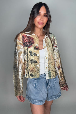 Burgundy Rose Lace Sequin Cropped Jacket - Born To Glam