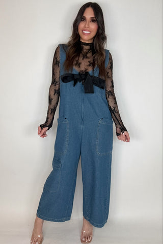 WASHED SOFT DENIM BOW TIE ZIPPER FRONT JUMPSUIT - Born To Glam