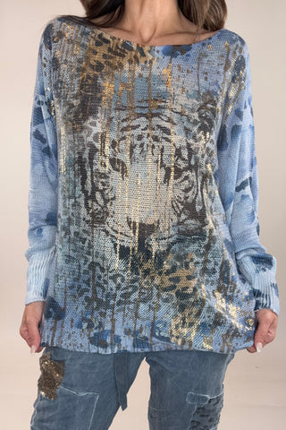 Denim Blue Tiger Face Waffle Knit - Born To Glam