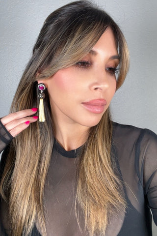 Round Gemstone Short 925 Sterling Silver Tassel Earring - Born To Glam