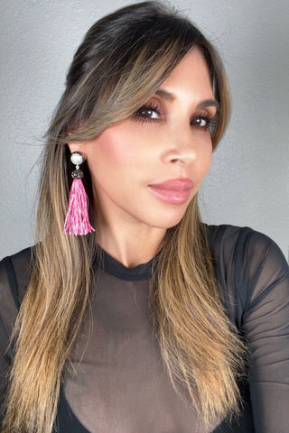 Round Gemstone Long 925 Sterling Silver Tassel Earring - Born To Glam