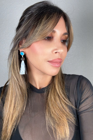 Round Gemstone Short 925 Sterling Silver Tassel Earring - Born To Glam