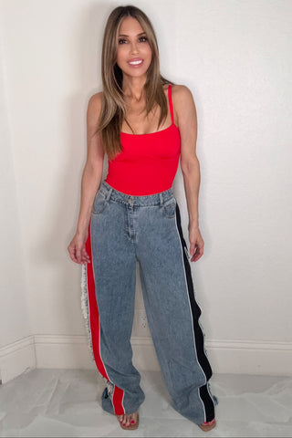 Style the Mixed Media Frayed Jeans exclusively at Born To Glam
