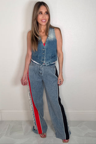 Style the Mixed Media Frayed Jeans exclusively at Born To Glam