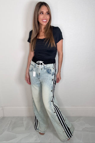Denim Contrast Sporty Button Side Jeans - Born To Glam