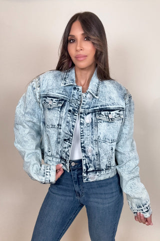 Acid Washed Shoulder Beading Denim Jacket - Born To Glam