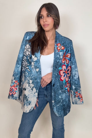 Denim Floral Print Blazer - Born To Glam