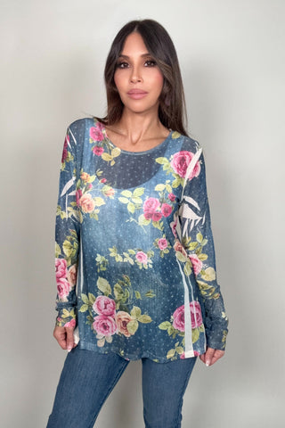 Denim Blue Floral Mesh Top - Born To Glam