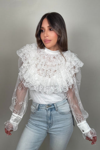 Tiered Front Ruffles Lace Mesh Blouse - Born To Glam