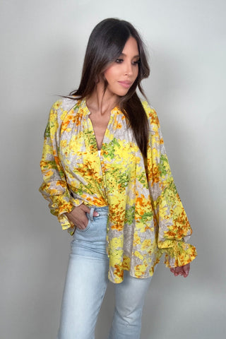 Yellow Floral Ruffle Cuff Top - Born To Glam