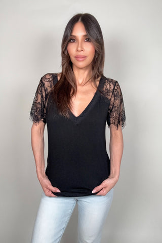 Lace Sleeve V-Neck Tee - Born To Glam