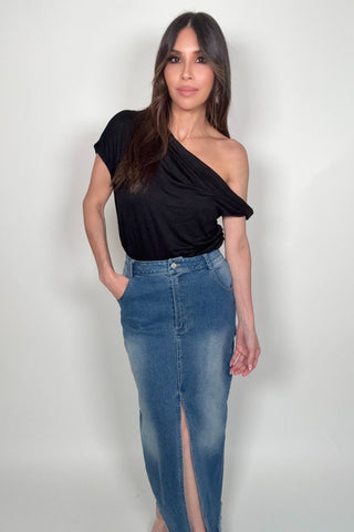 Dark Wash Midi Front Slit Denim Skirt - Born To Glam