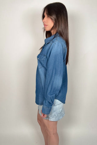 Western Snap Button Medium Denim Shirt - Born To Glam