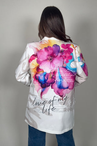White Floral Print Graphic Blazer - Born To Glam