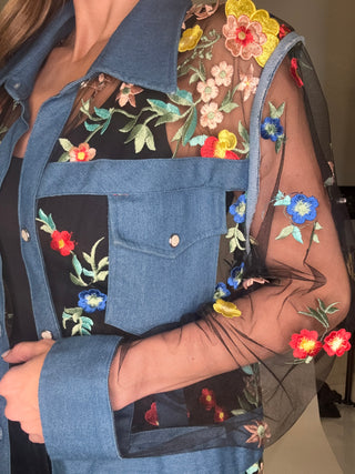 Denim Floral Lace Short Jacket - Born To Glam