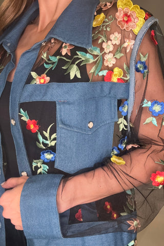 Denim Floral Lace Long Jacket - Born To Glam