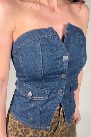 Retro Strapless Button Denim Corset Top - Born To Glam