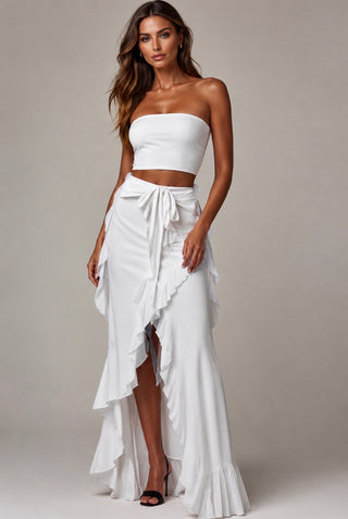 White Ruffle Detail Asymmetrical Skirt