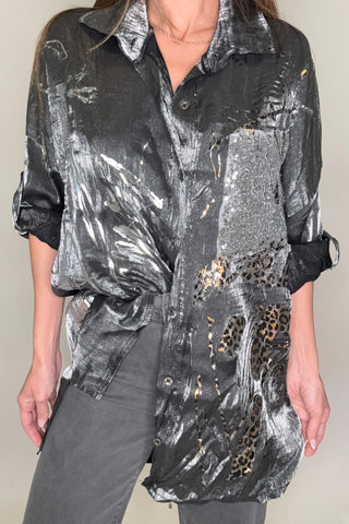 One Size Sequin Pocket Leopard Detail Metallic Top - Born To Glam