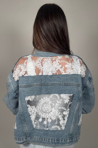 Style the Blue B Lace Inset Raw Detail Oversized Denim Jacket exclusively at Born To Glam