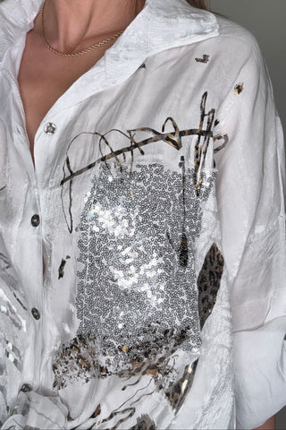 One Size Sequin Pocket Leopard Detail Metallic Top - Born To Glam