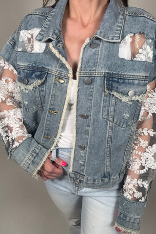 Style the Blue B Lace Inset Raw Detail Oversized Denim Jacket exclusively at Born To Glam