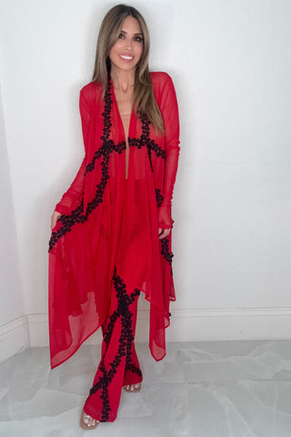 Red floral lace shawl duster jacket with an open-front silhouette and delicate sheer floral lace detail.