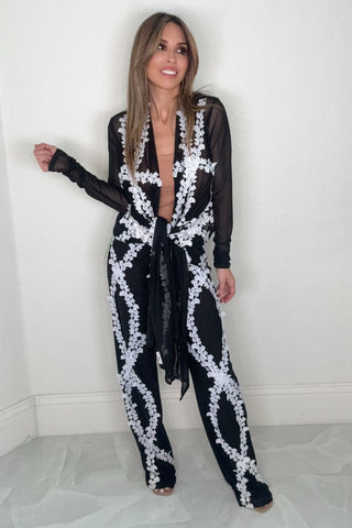 Style the Black Floral Lace Wide Leg Pants exclusively at Born To Glam