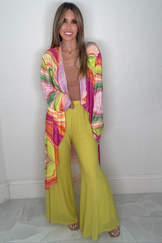 Splash multicolor mesh duster jacket with a vibrant pattern and long open-front flowy silhouette.
