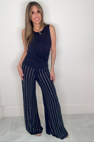 Style the Blue Rhinestone Wide Leg Pants exclusively at Born To Glam