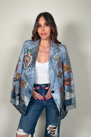 Denim Pop Art Patchwork Blazer - Born To Glam