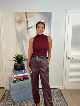 Burgundy Ribbed Mock Neck Sleeveless One Size Top - Born To Glam