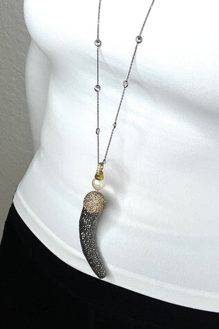Dual Tone Crystal Horn Pendant Long Necklace - Born To Glam