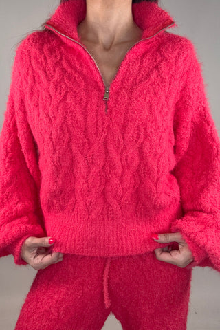 Coral Red Half Zip Up Berber Sweater Top - Born To Glam