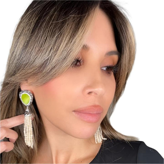 Green Cat's Eye Gemstone Pearl Tassel Earrings - Born To Glam Born To Glam