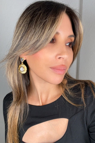 Round Gemstone & Crystal Brass Dangle Earring - Born To Glam