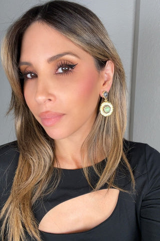 Round Gemstone & Crystal Brass Dangle Earring - Born To Glam