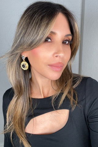 Round Gemstone & Crystal Brass Dangle Earring - Born To Glam