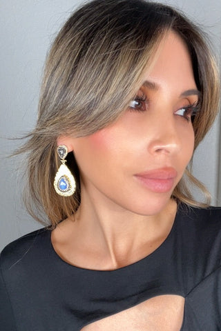 Teardrop Gemstone & Crystal Brass Dangle Earring - Born To Glam