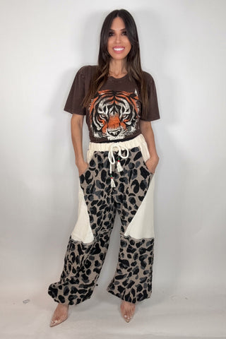 Taupe Leopard Double Gauze Patchwork Quilted Print Knit Pants - Born To Glam