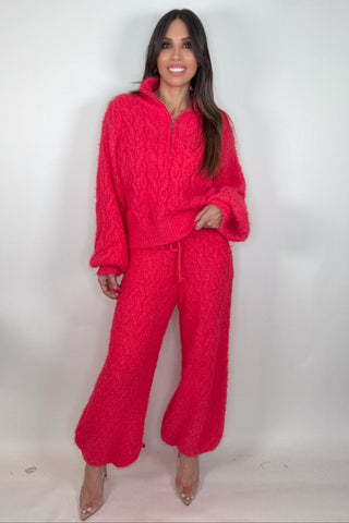 Coral Red Solid Pattern Relaxed Fit Berber Sweater Pants - Born To Glam