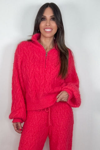 Coral Red Half Zip Up Berber Sweater Top - Born To Glam