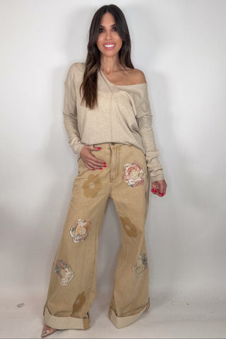 Sand Floral Patchwork Rolled-Up Woven Denim Straight Pants - Born To Glam