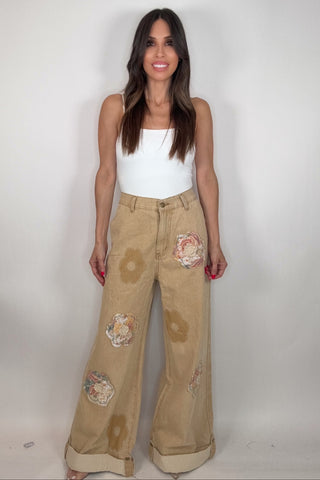 Sand Floral Patchwork Rolled-Up Woven Denim Straight Pants - Born To Glam