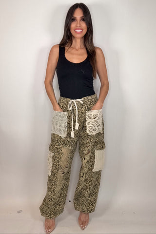 Sand Leopard Vintage Wash Crochet Patches Distress Jogger Pants - Born To Glam