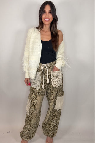 Sand Leopard Vintage Wash Crochet Patches Distress Jogger Pants - Born To Glam